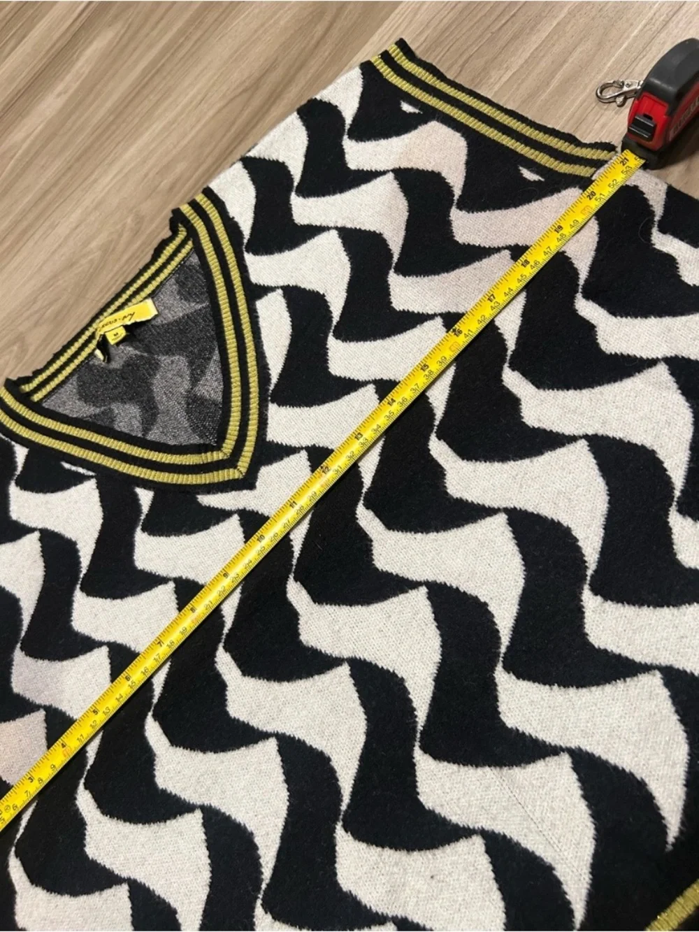 Men's Black & White Wave V-Neck Sweater Vest with Yellow Trim